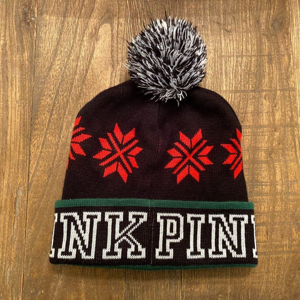 PINK Victoria's Secret Pom Pom Cuffed Beanie Hat One Size OS Acrylic
